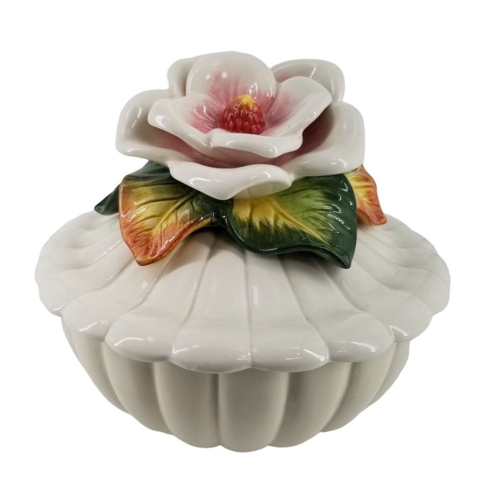 Vintage Fitz and Floyd Classic Trinket Dish Bowl Covered Lid White Flower Rose
